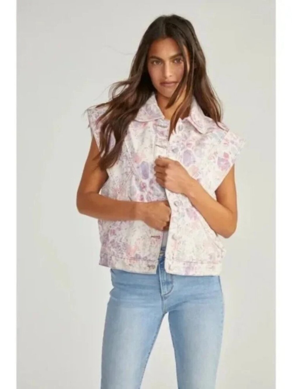 Shane X Romeo Floral Denim Vest Cropped Button Up NWT Cotton Boho Chic, sz M